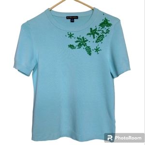 Brooks Brothers Short Sleeve Blue Green Aqua Beaded Knit Crew Neck Sweat…